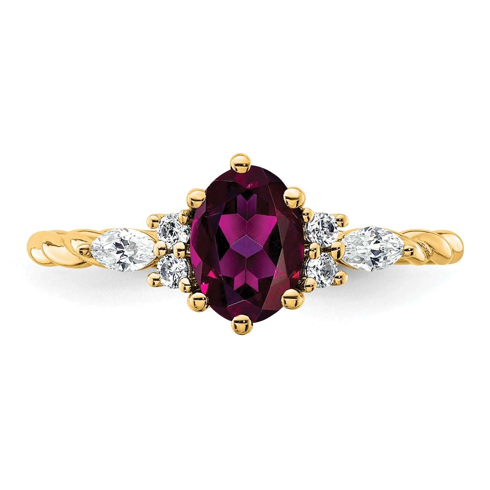 14K Diamond and 7x5 Oval June/Rhodolite Garnet Size 7 Twisted Ring