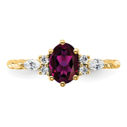 14K Diamond and 7x5 Oval June/Rhodolite Garnet Size 7 Twisted Ring