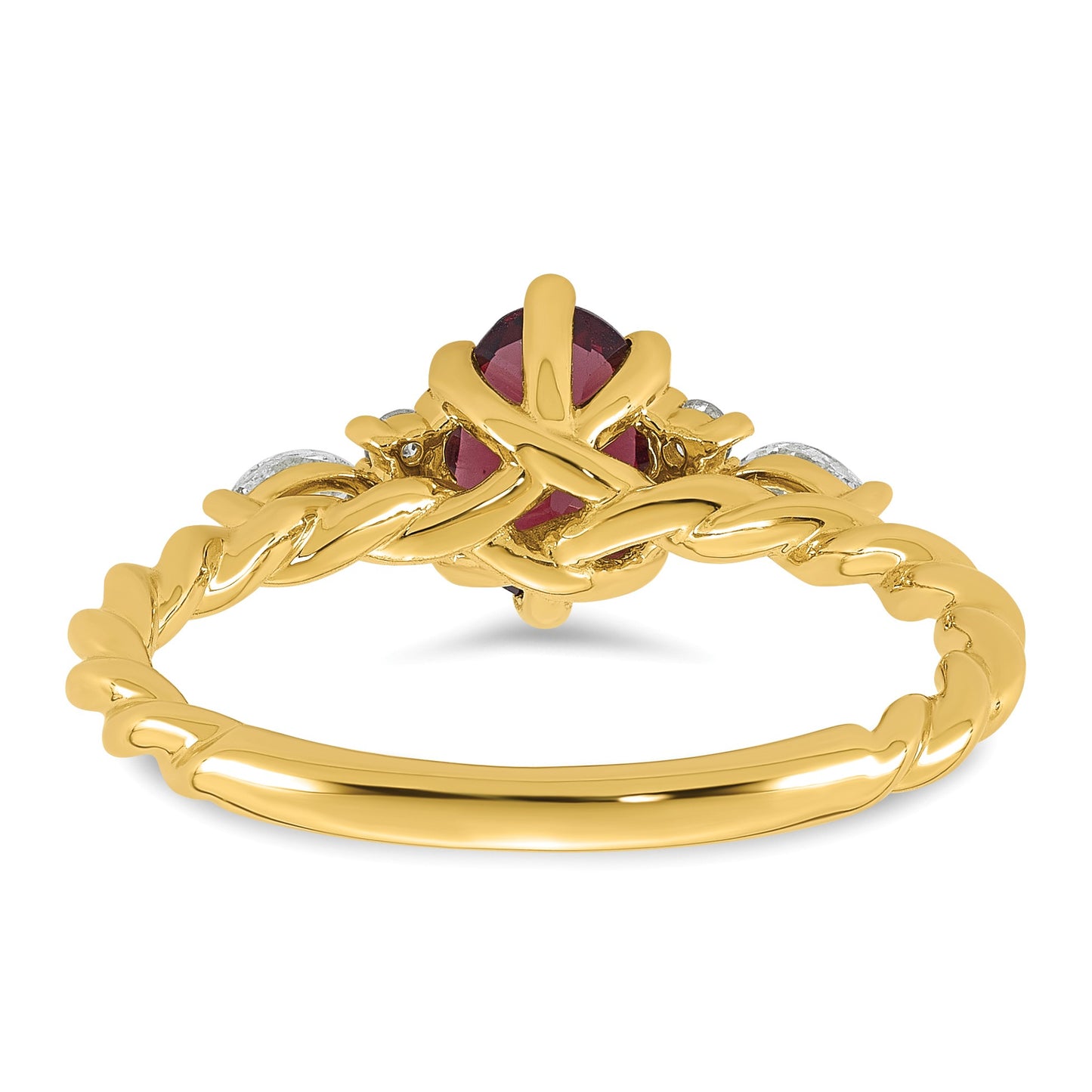 14K Diamond and 7x5 Oval June/Rhodolite Garnet Size 7 Twisted Ring