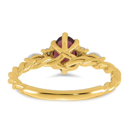14K Diamond and 7x5 Oval June/Rhodolite Garnet Size 7 Twisted Ring