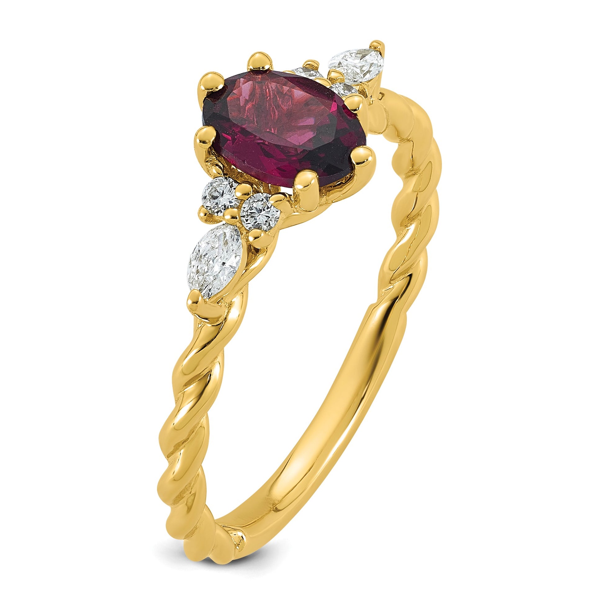 14K Diamond and 7x5 Oval June/Rhodolite Garnet Size 7 Twisted Ring