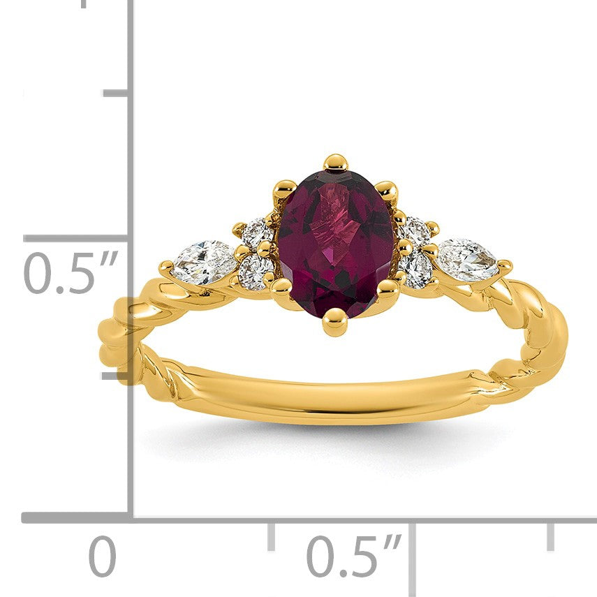 14K Diamond and 7x5 Oval June/Rhodolite Garnet Size 7 Twisted Ring