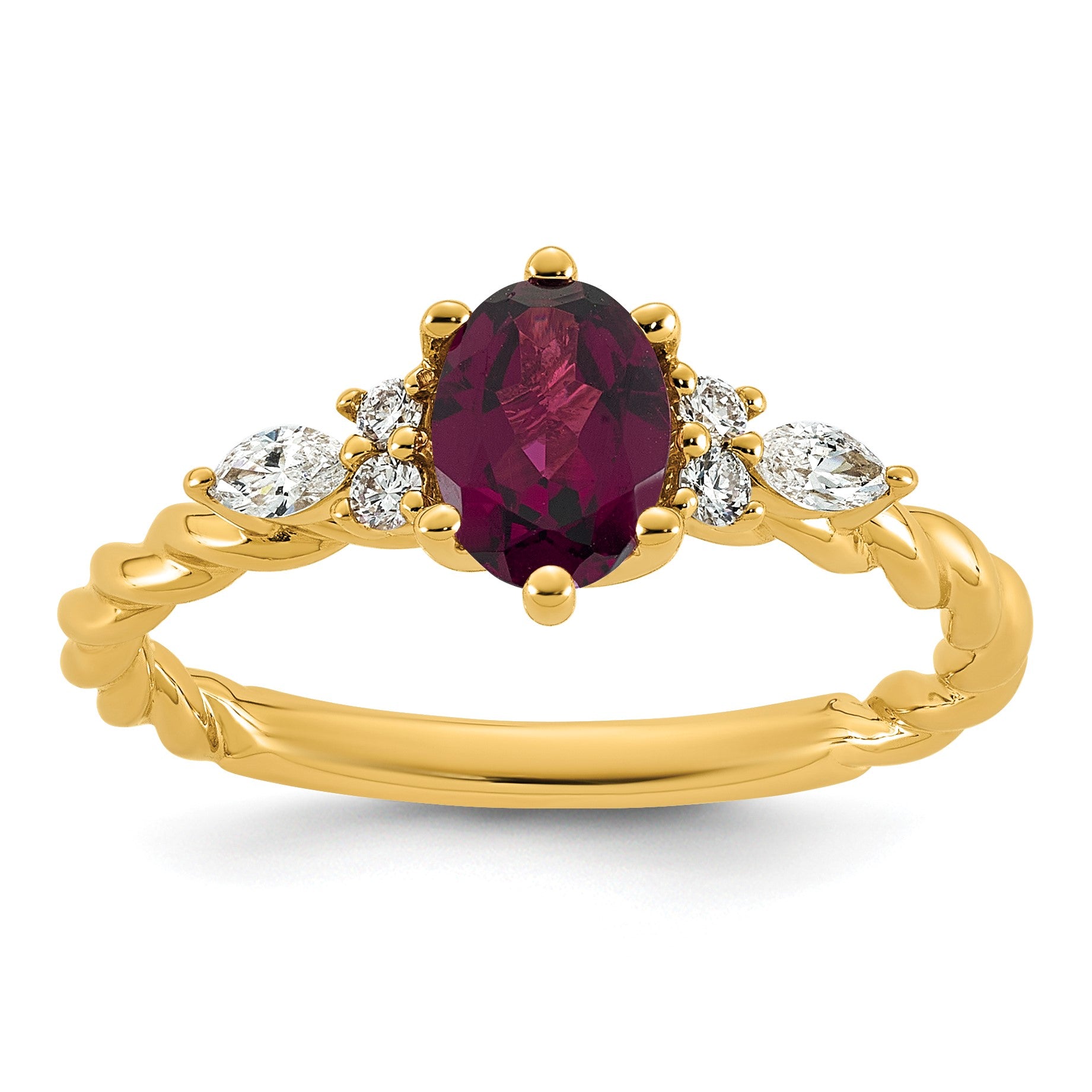 14K Diamond and 7x5 Oval June/Rhodolite Garnet Size 7 Twisted Ring