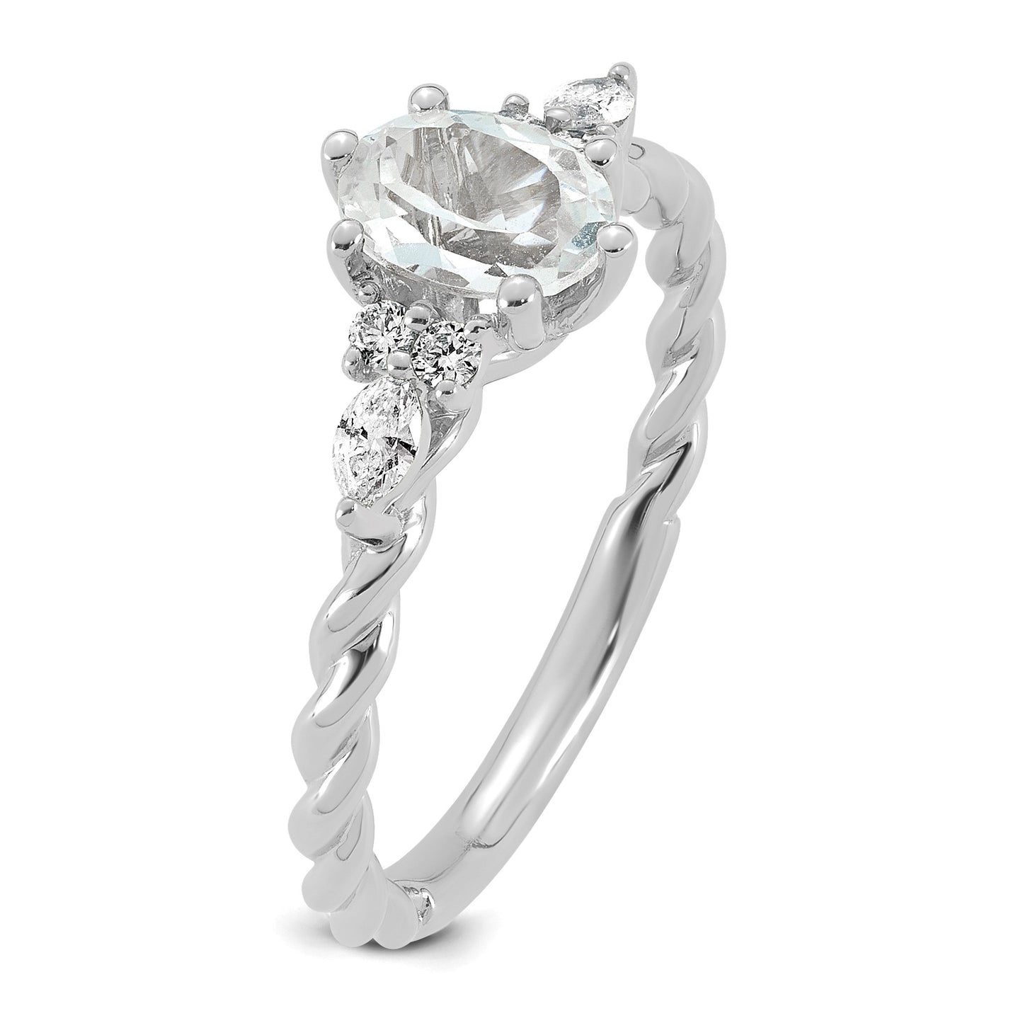 14k White Gold Polished White Topaz & 1/6 carat Lab Grown Diamond VS/SI+ G+ April Birthstone Complete Twisted Ring