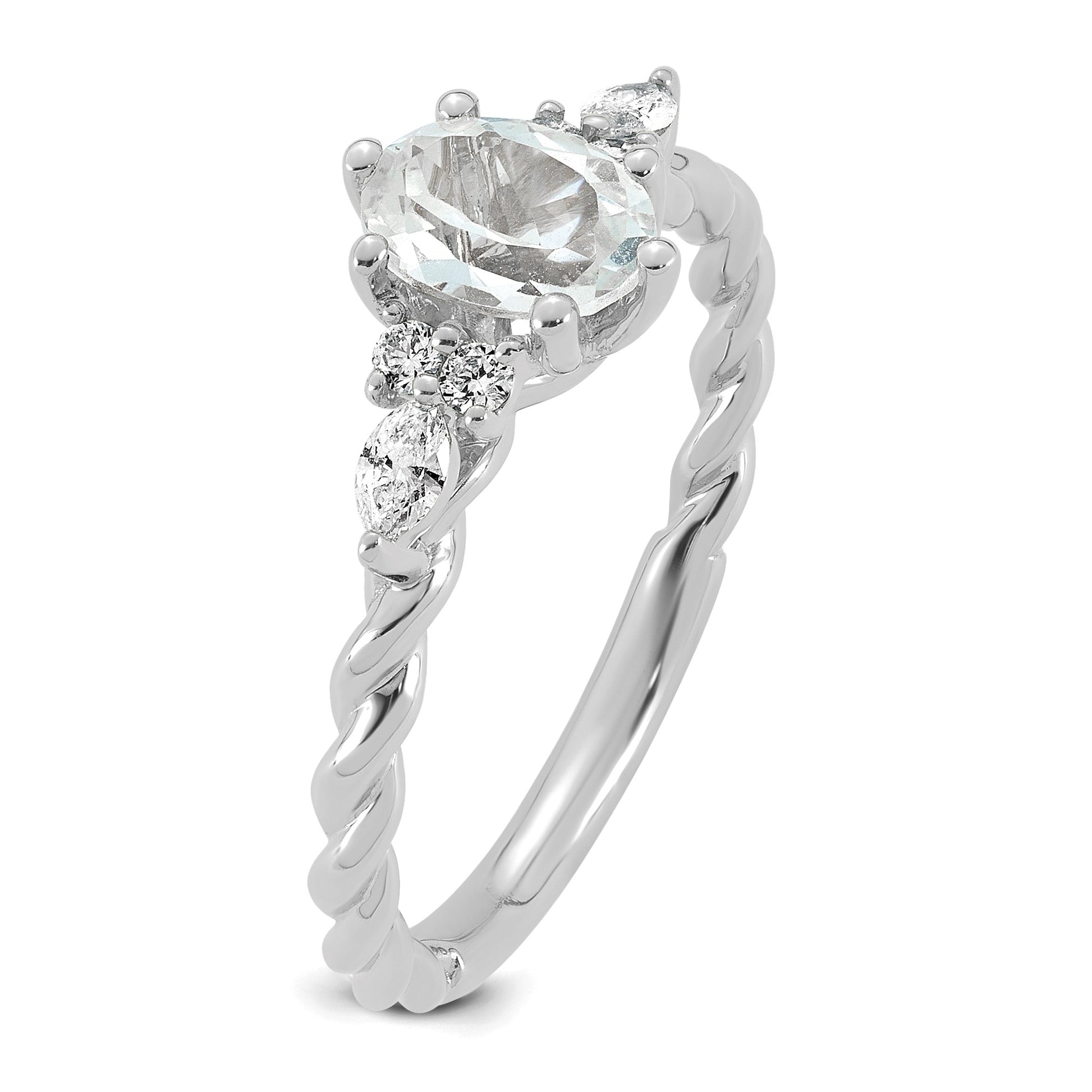 14k White Gold Polished White Topaz & 1/6 carat Lab Grown Diamond VS/SI+ G+ April Birthstone Complete Twisted Ring