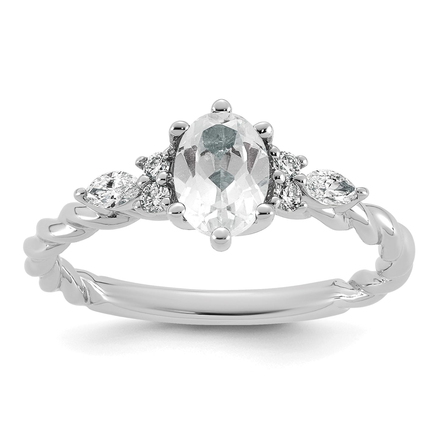 14k White Gold Polished White Topaz & 1/6 carat Lab Grown Diamond VS/SI+ G+ April Birthstone Complete Twisted Ring