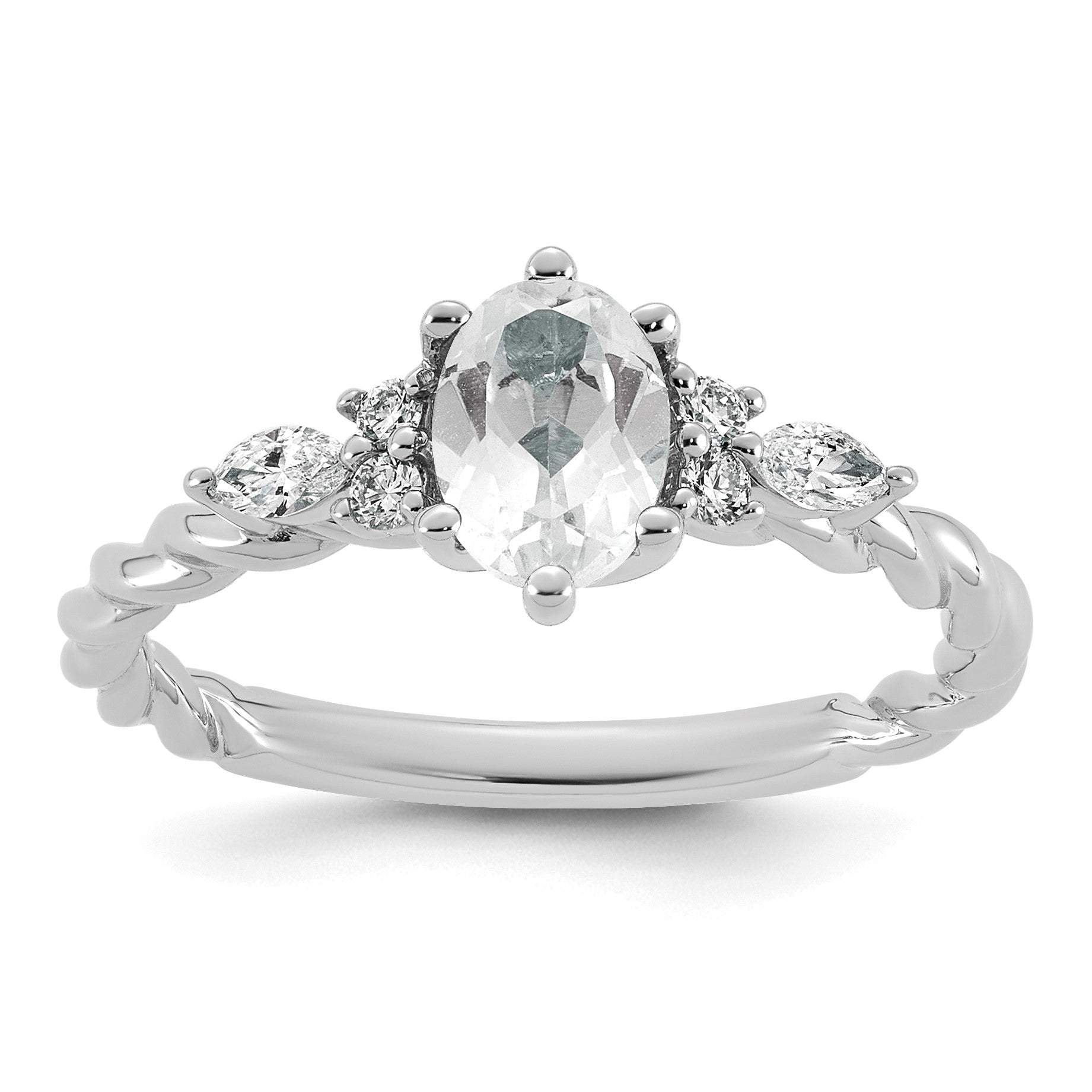 14k White Gold Polished White Topaz & 1/6 carat Lab Grown Diamond VS/SI+ G+ April Birthstone Complete Twisted Ring