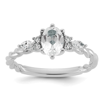 14k White Gold Polished White Topaz & 1/6 carat Lab Grown Diamond VS/SI+ G+ April Birthstone Complete Twisted Ring