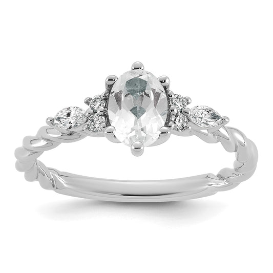 14k White Gold Polished White Topaz & 1/6 carat Lab Grown Diamond VS/SI+ G+ April Birthstone Complete Twisted Ring