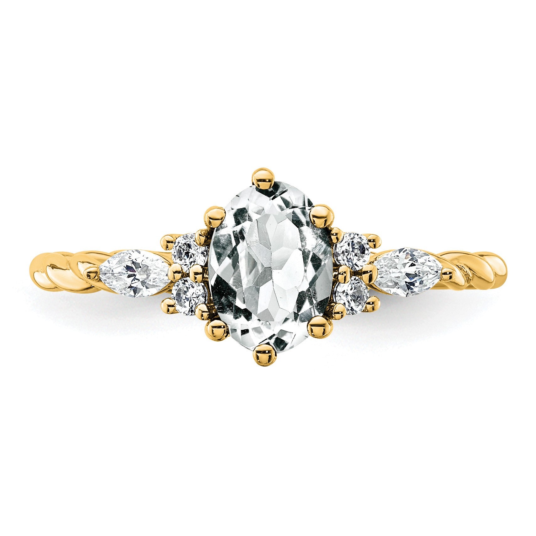 14K Diamond and 7x5 Oval April/White Topaz Size 7 Twisted Ring