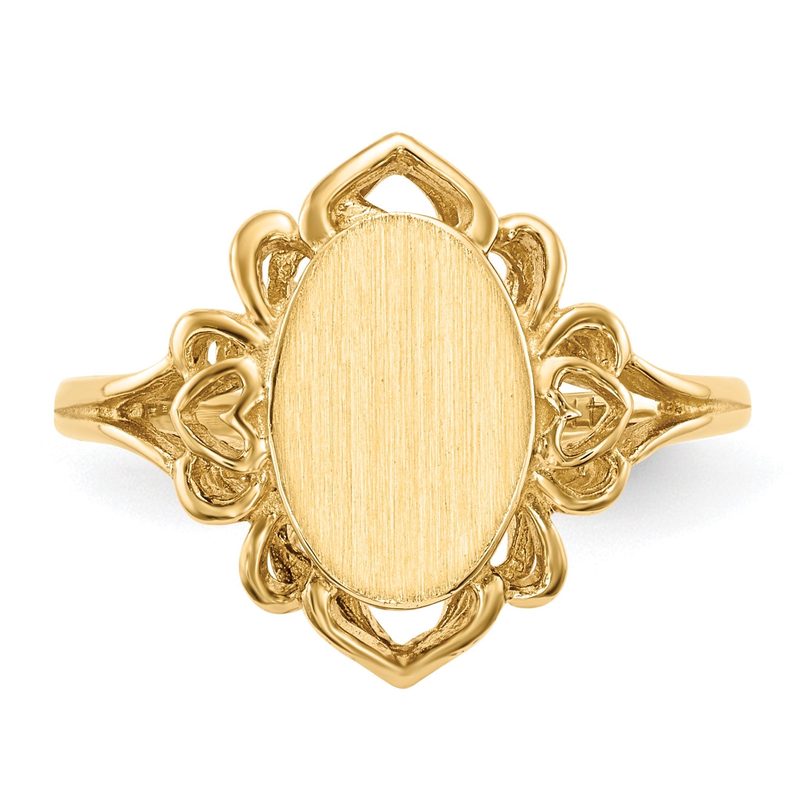 14k 7.5x10.5mm Oval Open Back Filigree Heart Edge Signet Ring