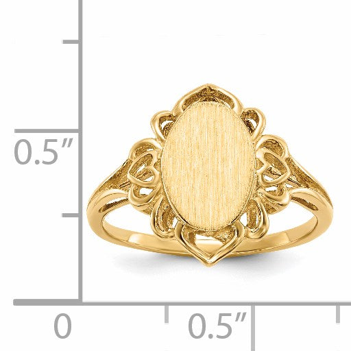 14k 7.5x10.5mm Oval Open Back Filigree Heart Edge Signet Ring
