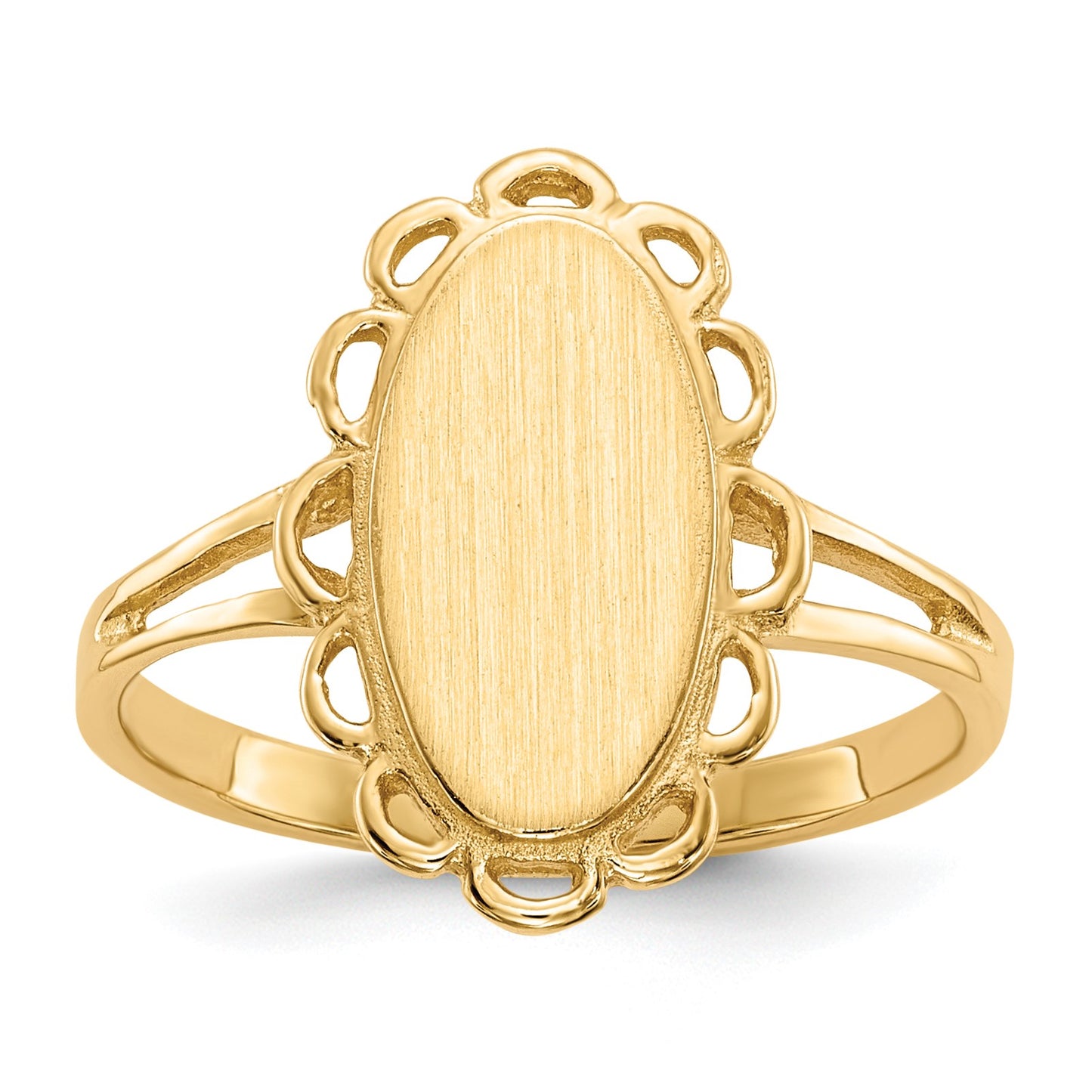 14k 7.0x13.0mm Oval Open Back Scalloped Edge Signet Ring