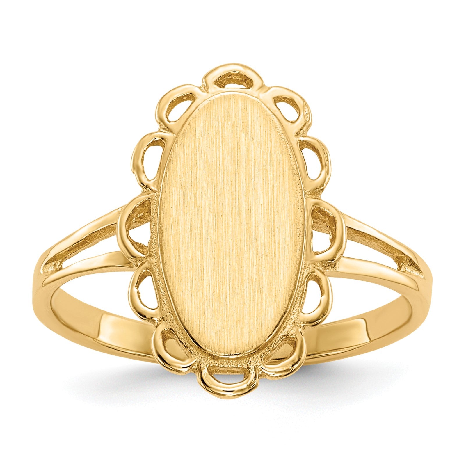 14k 7.0x13.0mm Oval Open Back Scalloped Edge Signet Ring