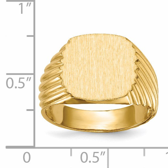 14k 13.5x13.5mm Cushion Open Back Mens Signet Ring