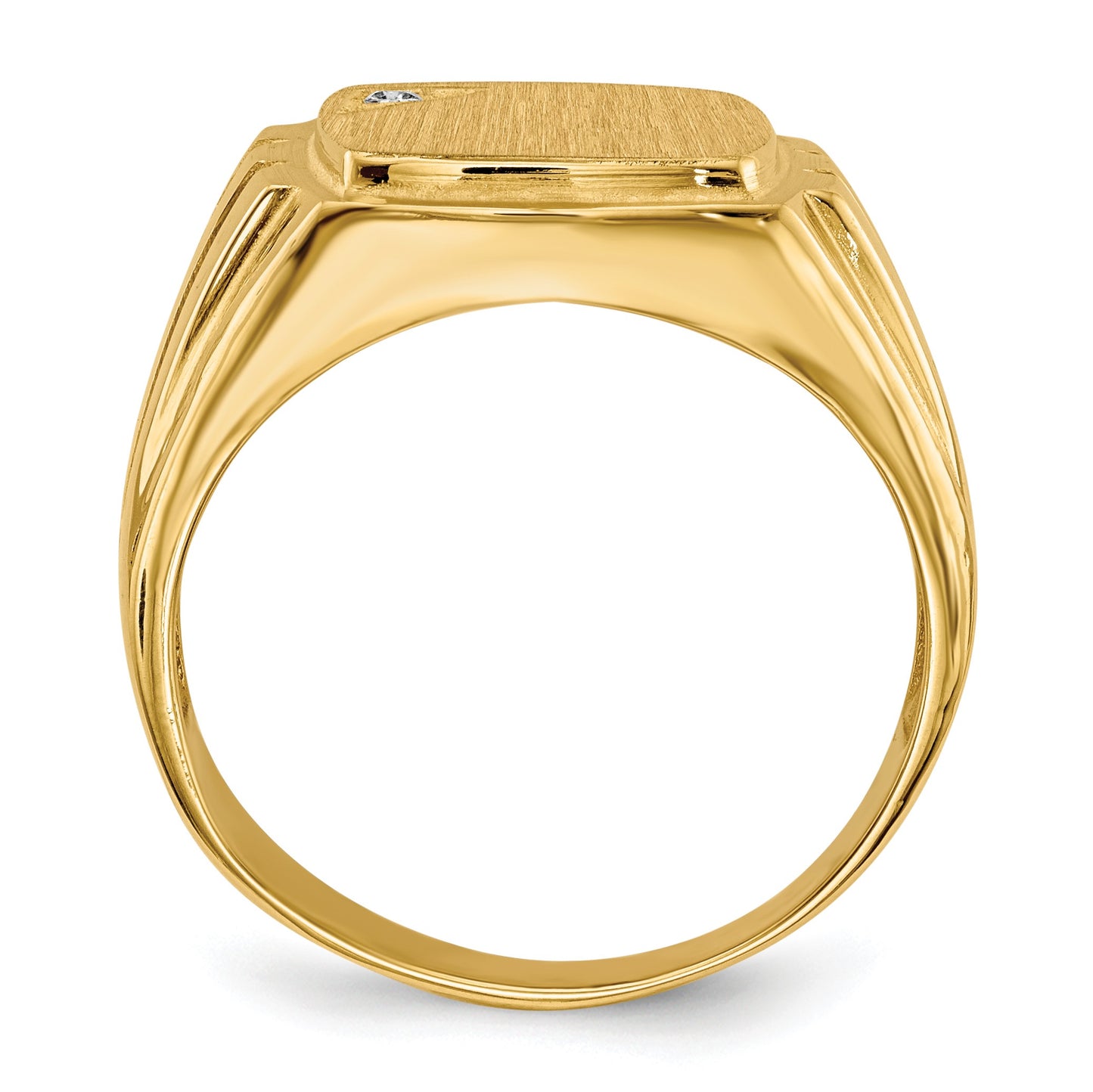 14k .02ct. AA Diamond 12.0x11.5mm Cushion Open Back Grooved Sides Mens Signet Ring