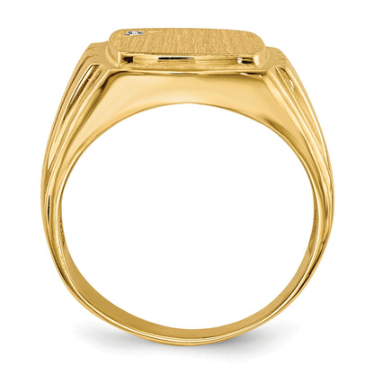 14k .02ct. AA Diamond 12.0x11.5mm Cushion Open Back Grooved Sides Mens Signet Ring