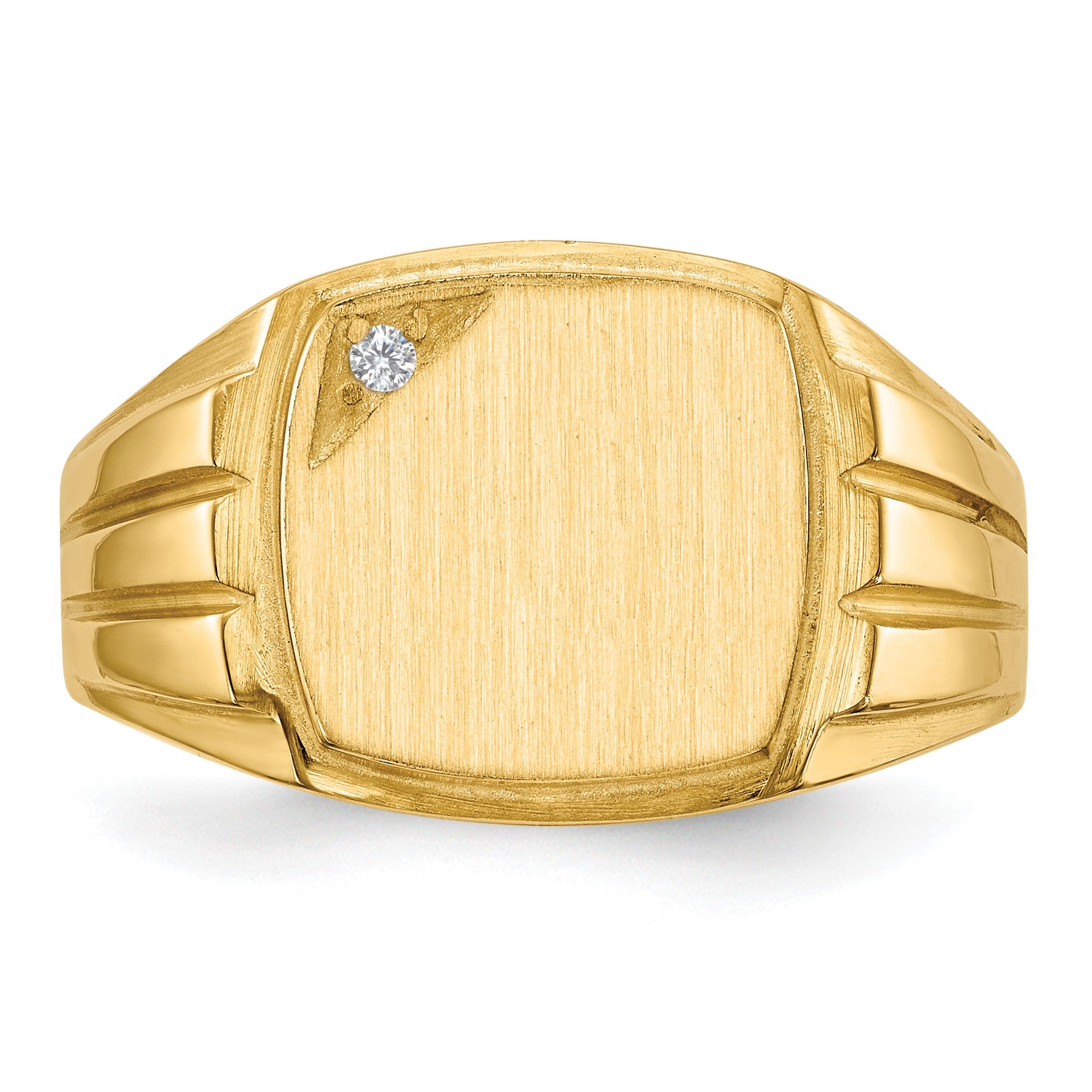 14k .02ct. AA Diamond 12.0x11.5mm Cushion Open Back Grooved Sides Mens Signet Ring