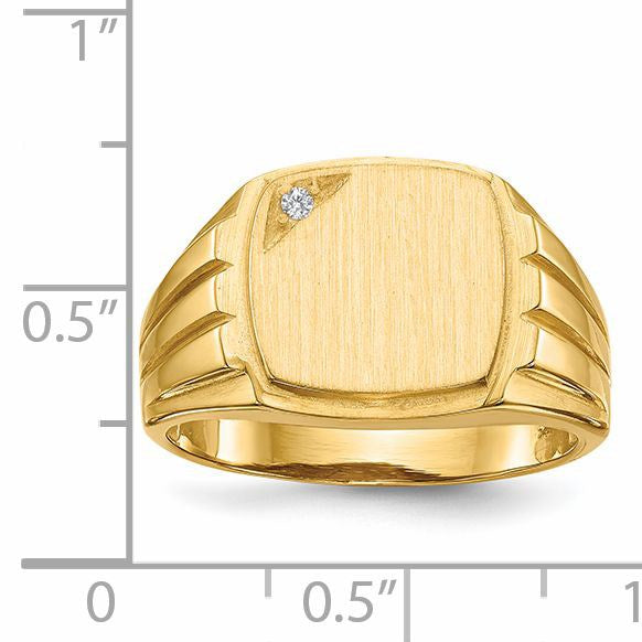 14k .02ct. AA Diamond 12.0x11.5mm Cushion Open Back Grooved Sides Mens Signet Ring