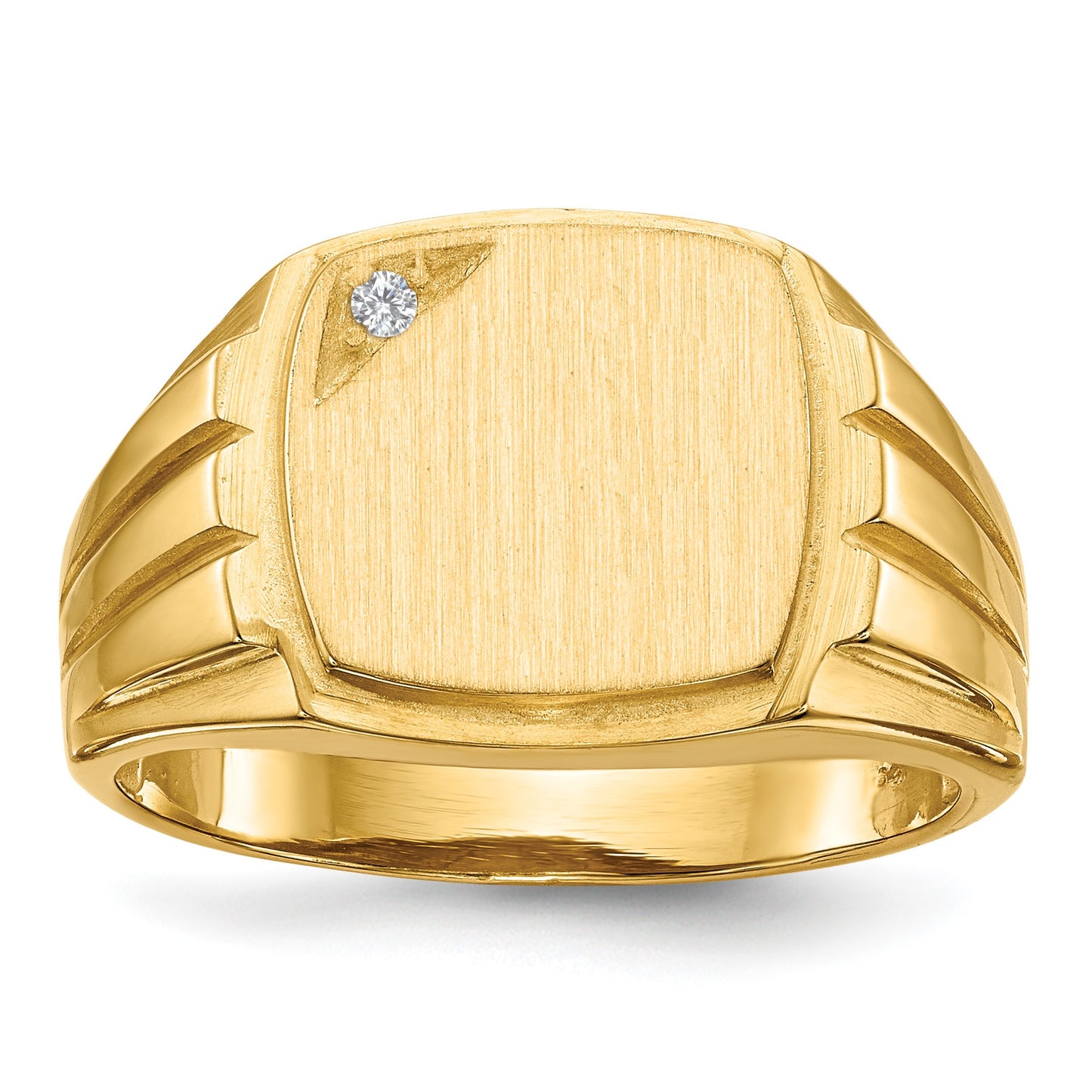 14k .02ct. AA Diamond 12.0x11.5mm Cushion Open Back Grooved Sides Mens Signet Ring