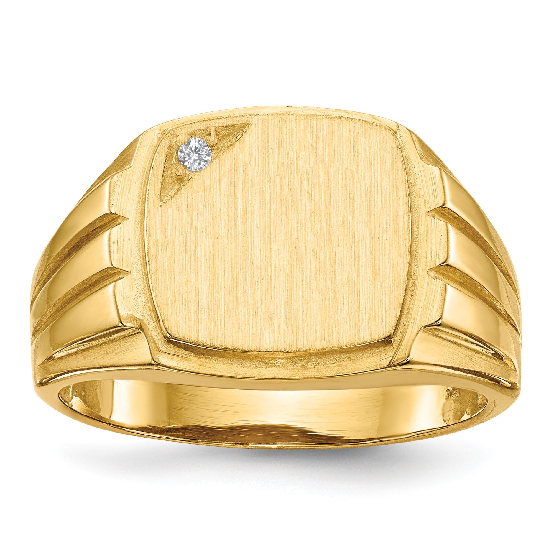 14k .02ct. AA Diamond 12.0x11.5mm Cushion Open Back Grooved Sides Mens Signet Ring