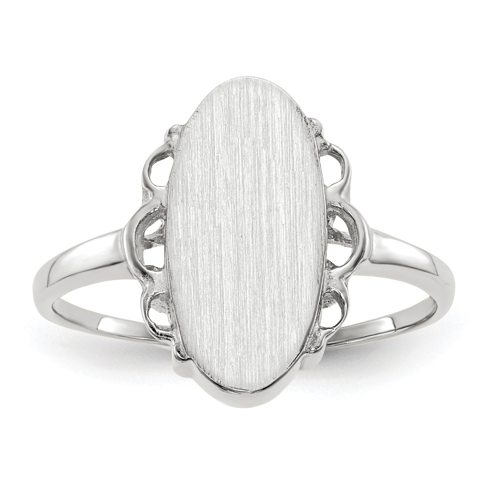 14k White Gold 7.0x14.5mm Oval Open Back Scalloped Edge Signet Ring