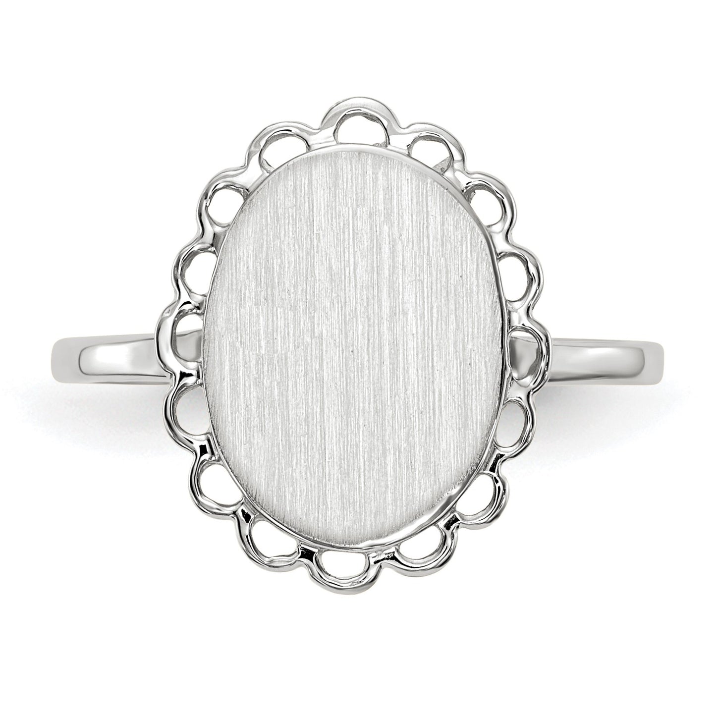14k White Gold 9.0x11.5mm Oval Open Back Scalloped Edge Signet Ring