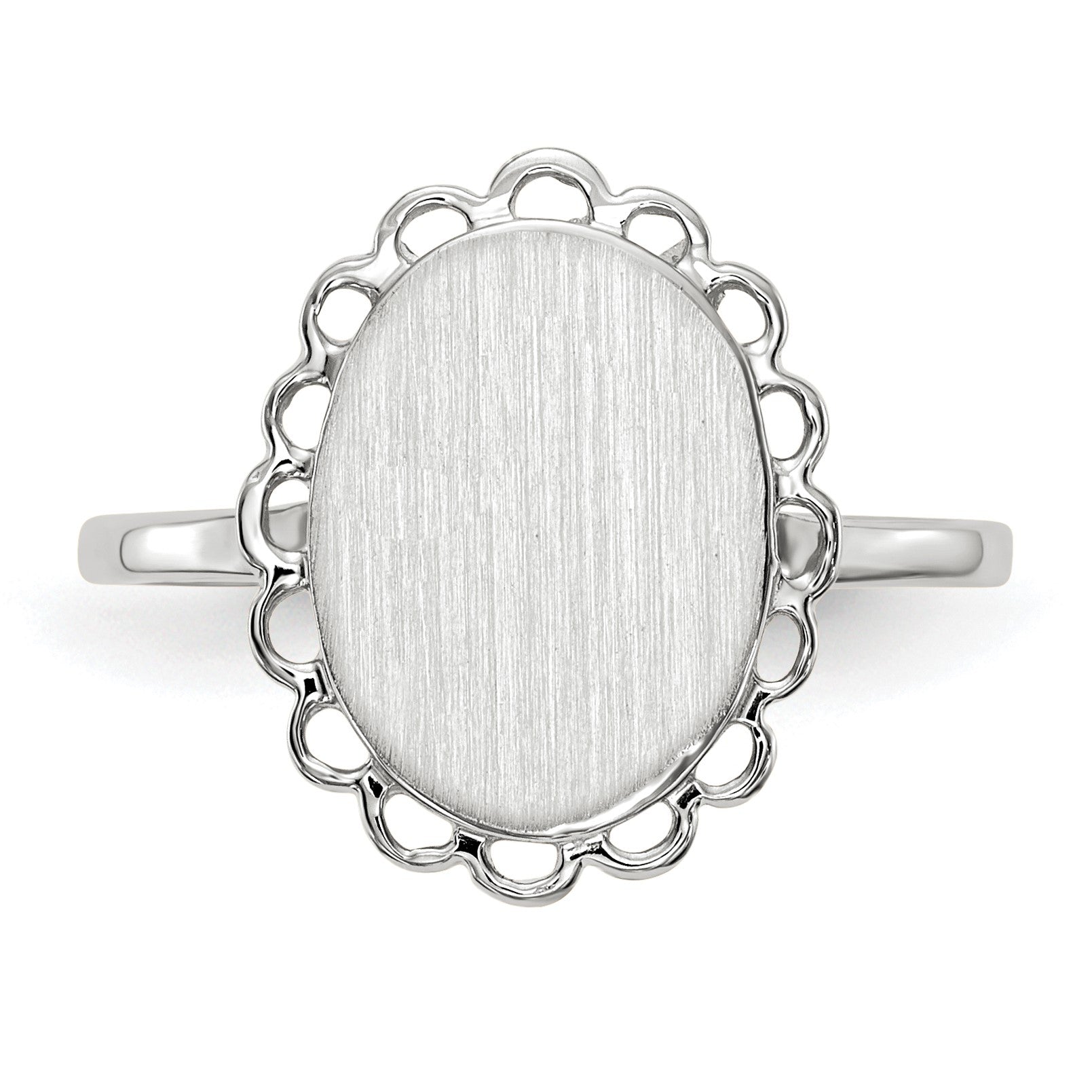 14k White Gold 9.0x11.5mm Oval Open Back Scalloped Edge Signet Ring