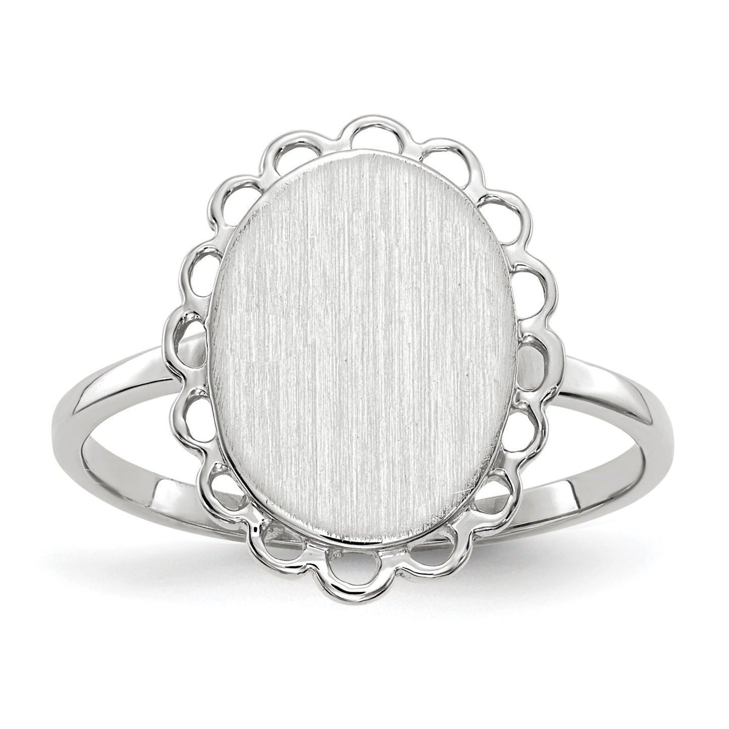 14k White Gold 9.0x11.5mm Oval Open Back Scalloped Edge Signet Ring