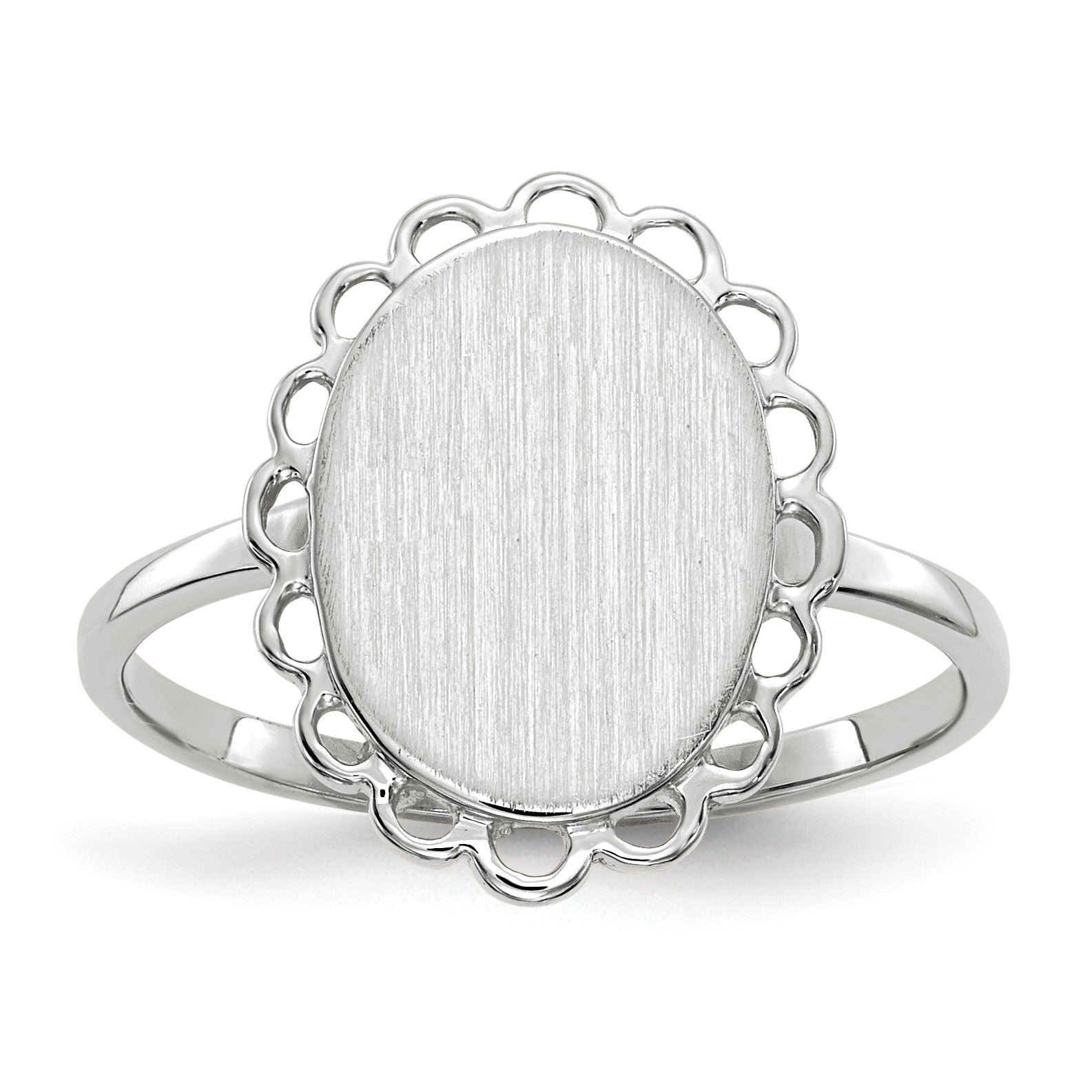 14k White Gold 9.0x11.5mm Oval Open Back Scalloped Edge Signet Ring