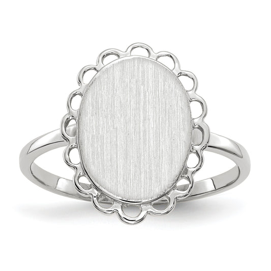 14k White Gold 9.0x11.5mm Oval Open Back Scalloped Edge Signet Ring