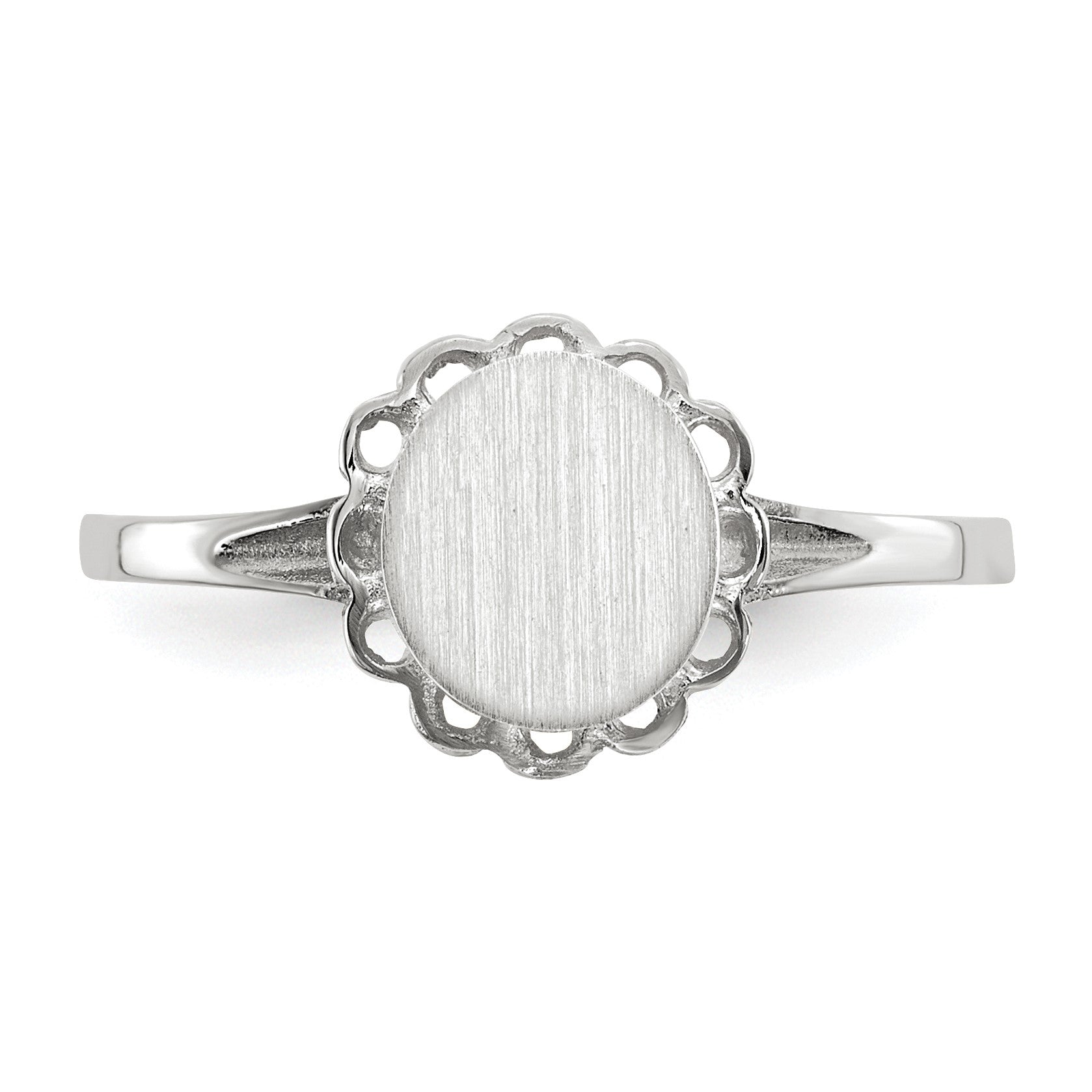 14k White Gold 6.5x7.0mm Oval Open Back Scalloped Edge Signet Ring