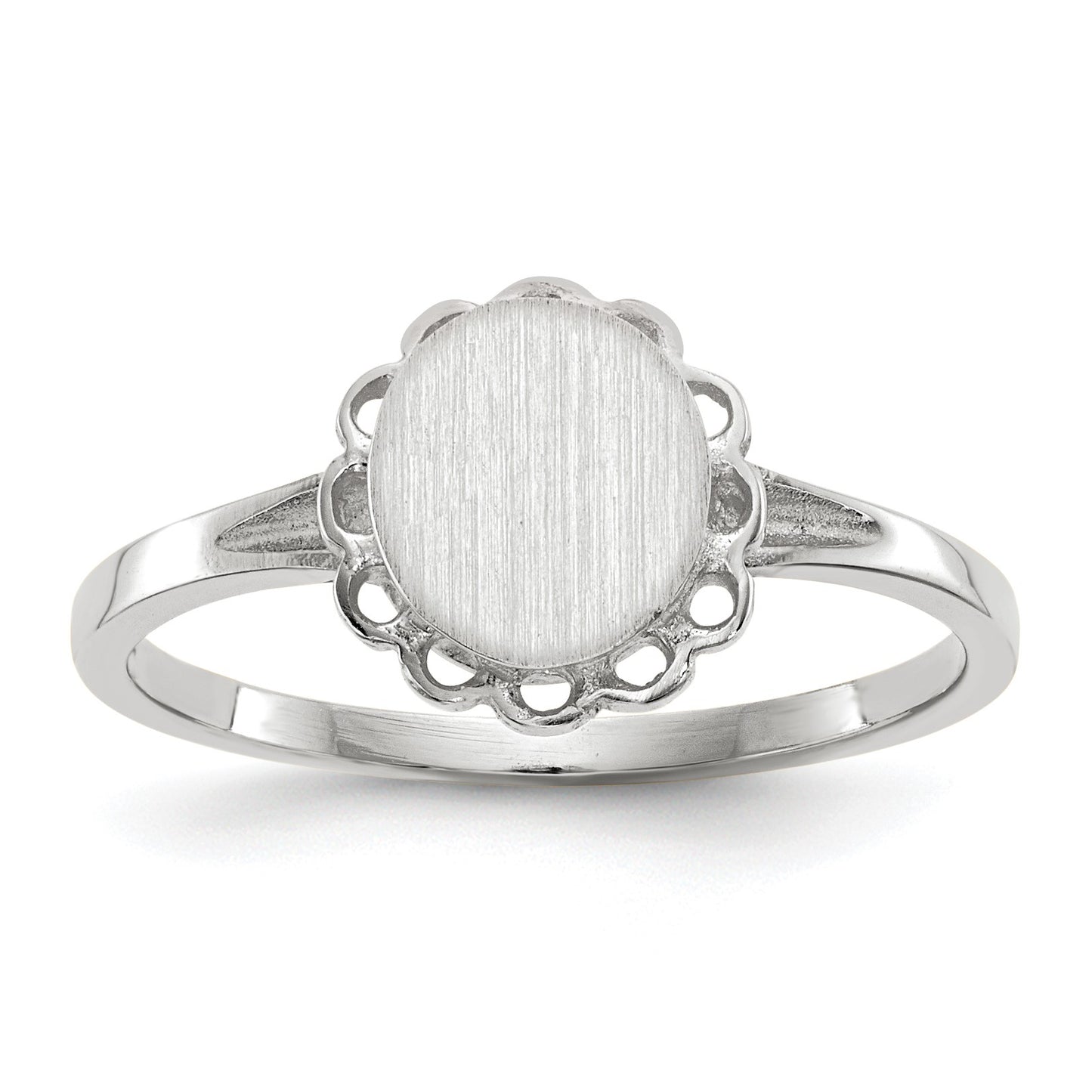 14k White Gold 6.5x7.0mm Oval Open Back Scalloped Edge Signet Ring