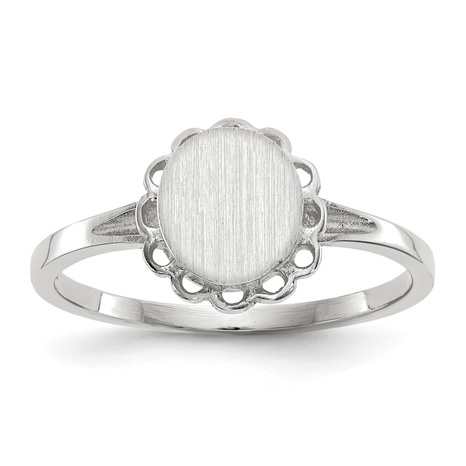 14k White Gold 6.5x7.0mm Oval Open Back Scalloped Edge Signet Ring