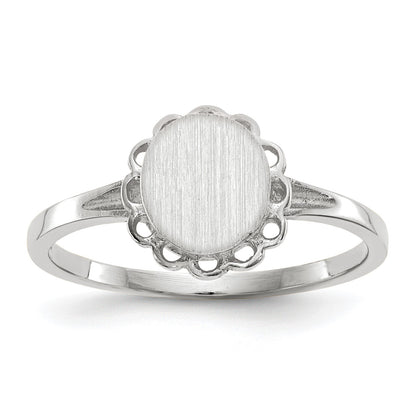 14k White Gold 6.5x7.0mm Oval Open Back Scalloped Edge Signet Ring