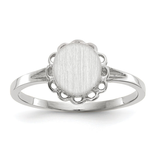 14k White Gold 6.5x7.0mm Oval Open Back Scalloped Edge Signet Ring