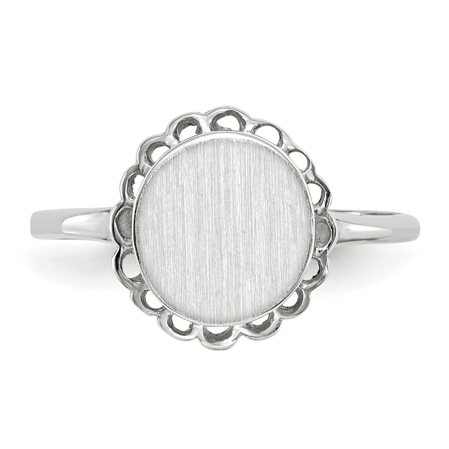 14k White Gold 8.5x9.0mm Oval Open Back Scalloped Edge Signet Ring