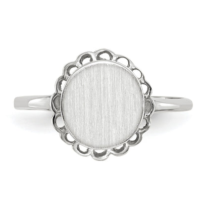 14k White Gold 8.5x9.0mm Oval Open Back Scalloped Edge Signet Ring