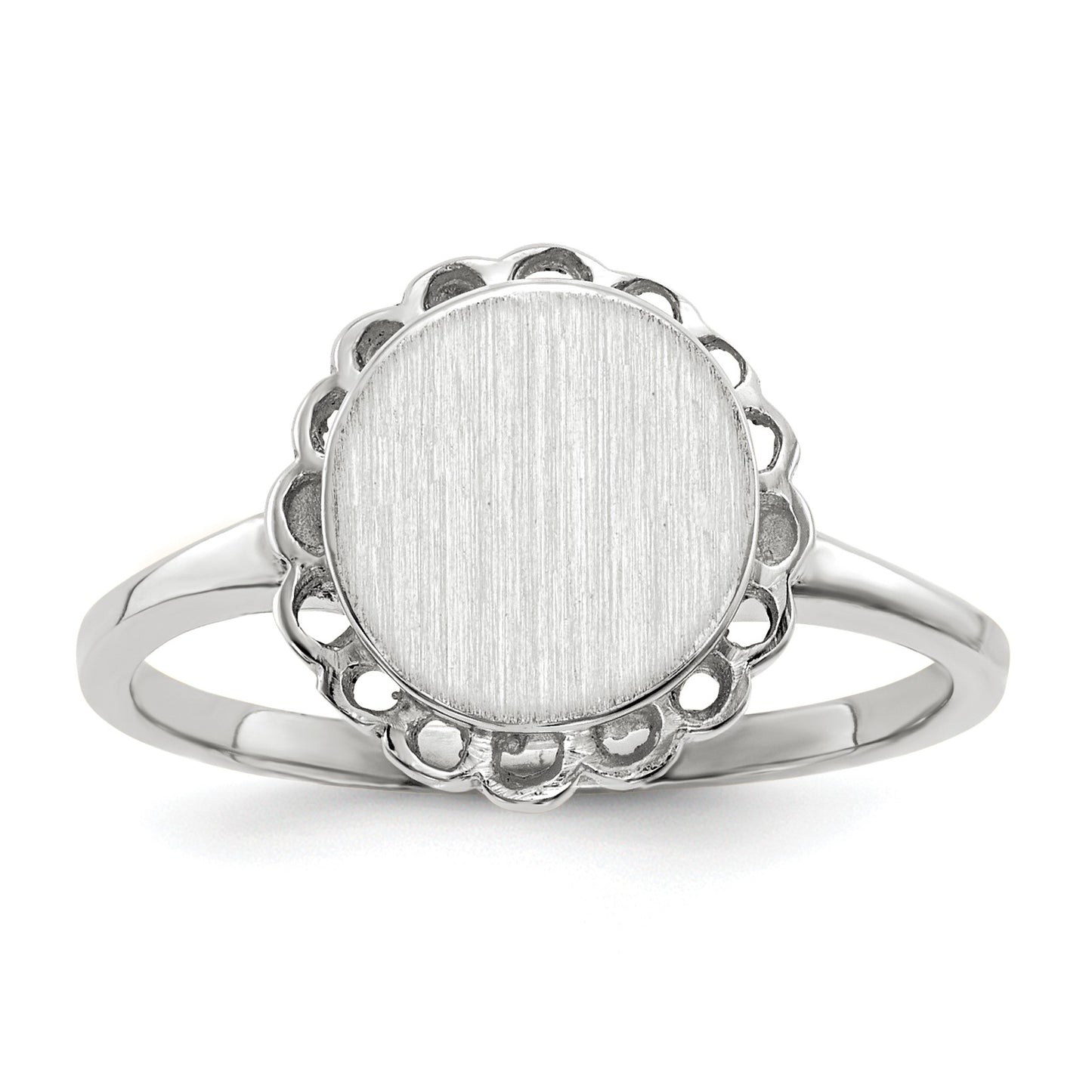 14k White Gold 8.5x9.0mm Oval Open Back Scalloped Edge Signet Ring