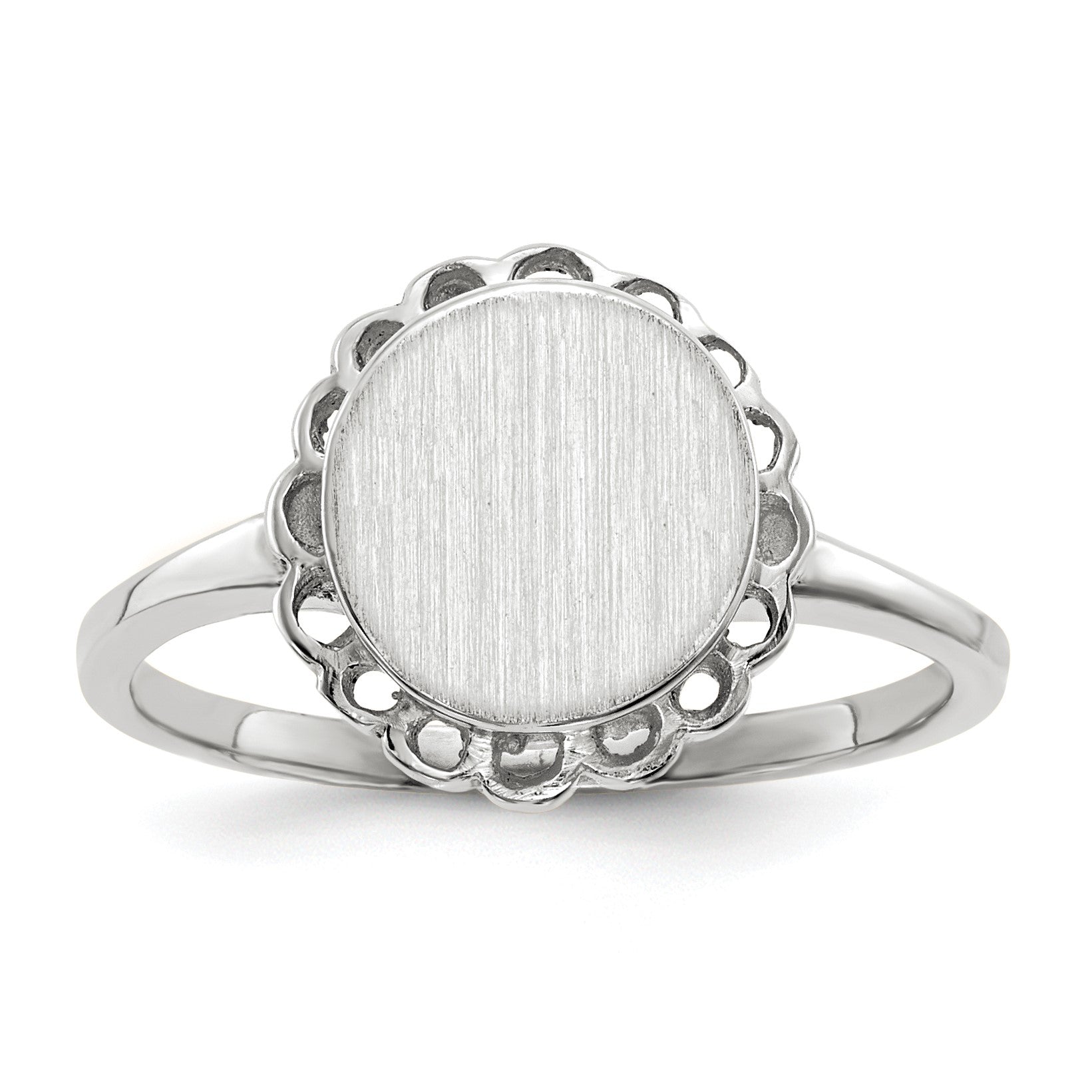 14k White Gold 8.5x9.0mm Oval Open Back Scalloped Edge Signet Ring