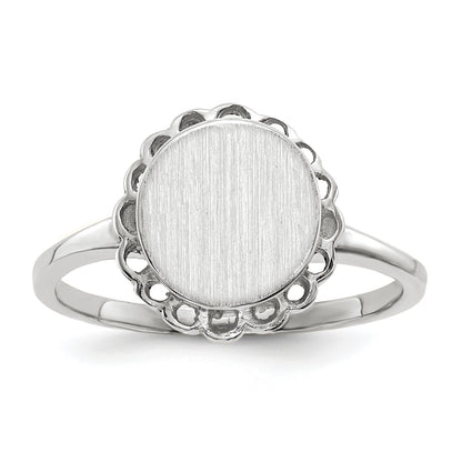 14k White Gold 8.5x9.0mm Oval Open Back Scalloped Edge Signet Ring