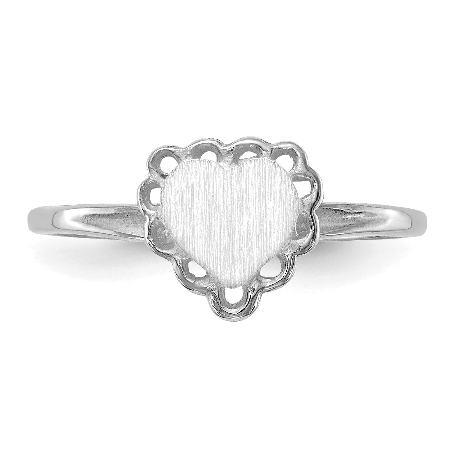 14k White Gold 6.0x6.5mm Heart Open Back Scalloped Edge Signet Ring