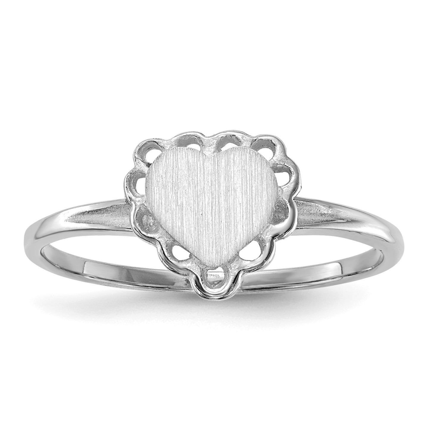 14k White Gold 6.0x6.5mm Heart Open Back Scalloped Edge Signet Ring