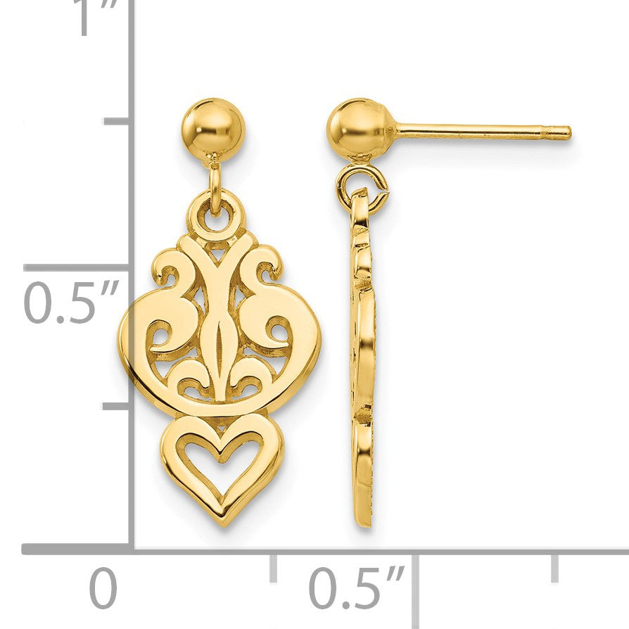 14k Polished Filigree Fancy Heart Dangle Post Earrings