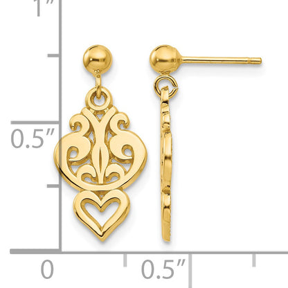 14k Polished Filigree Fancy Heart Dangle Post Earrings