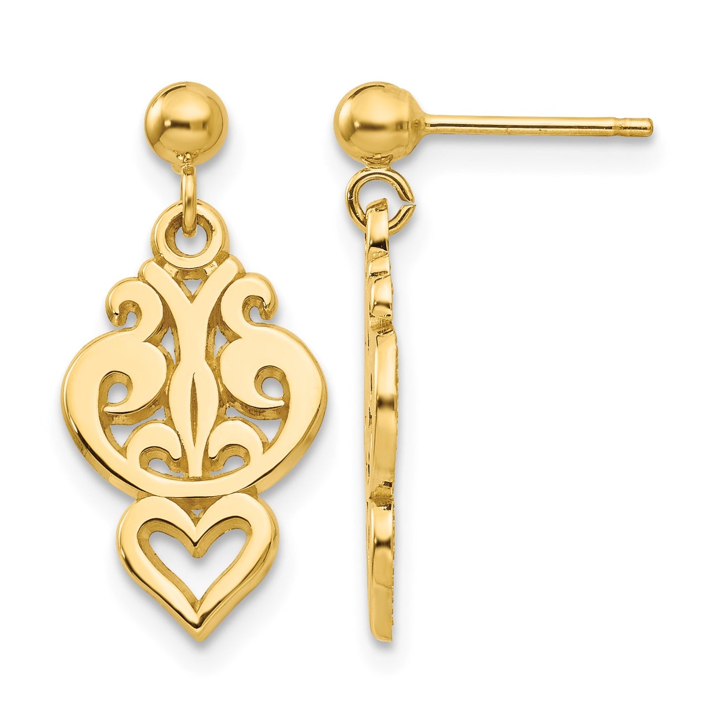 14k Polished Filigree Fancy Heart Dangle Post Earrings