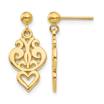 14k Polished Filigree Fancy Heart Dangle Post Earrings