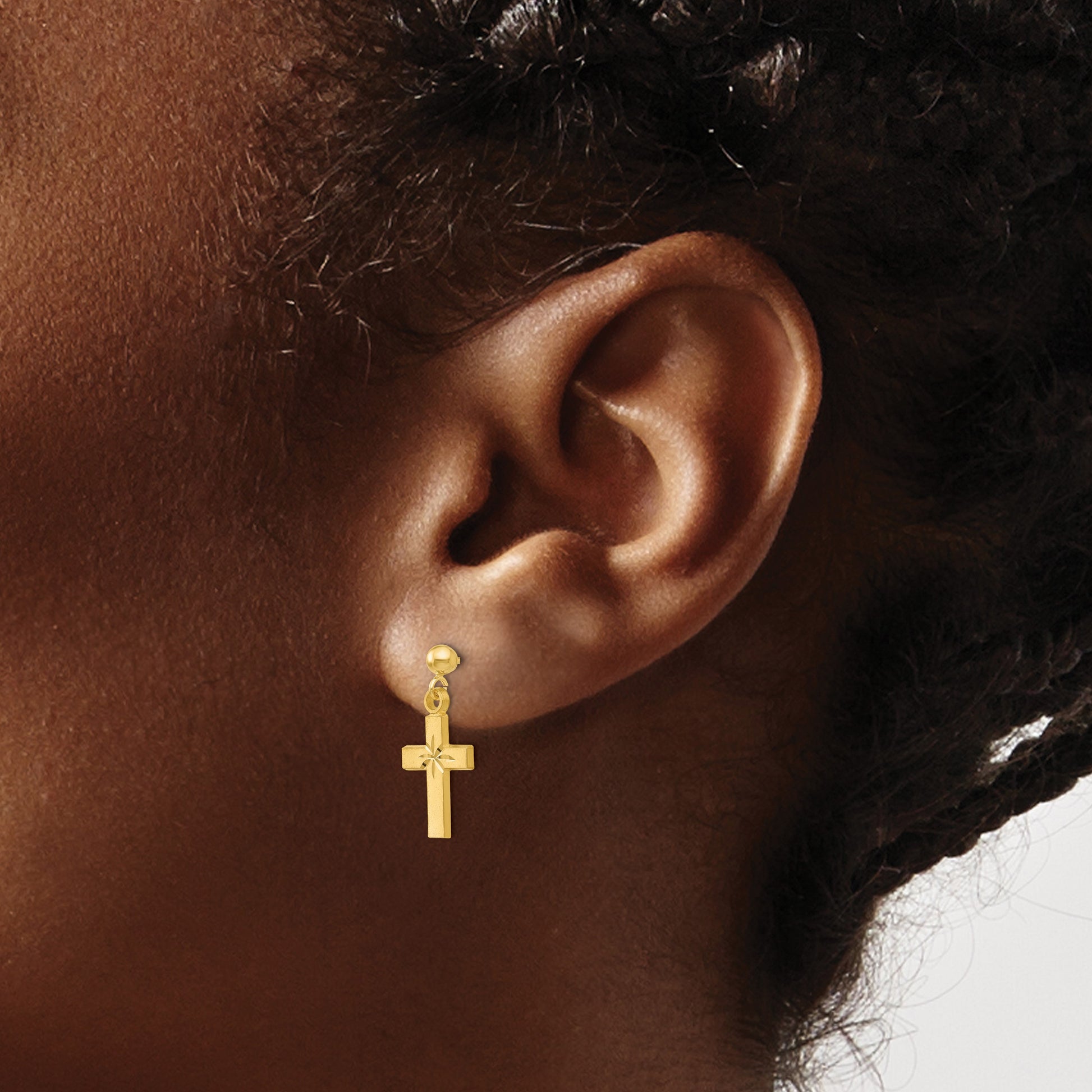 14k Satin and Diamond-Cut Cross Dangle Post Earrings