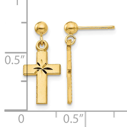 14k Satin and Diamond-Cut Cross Dangle Post Earrings