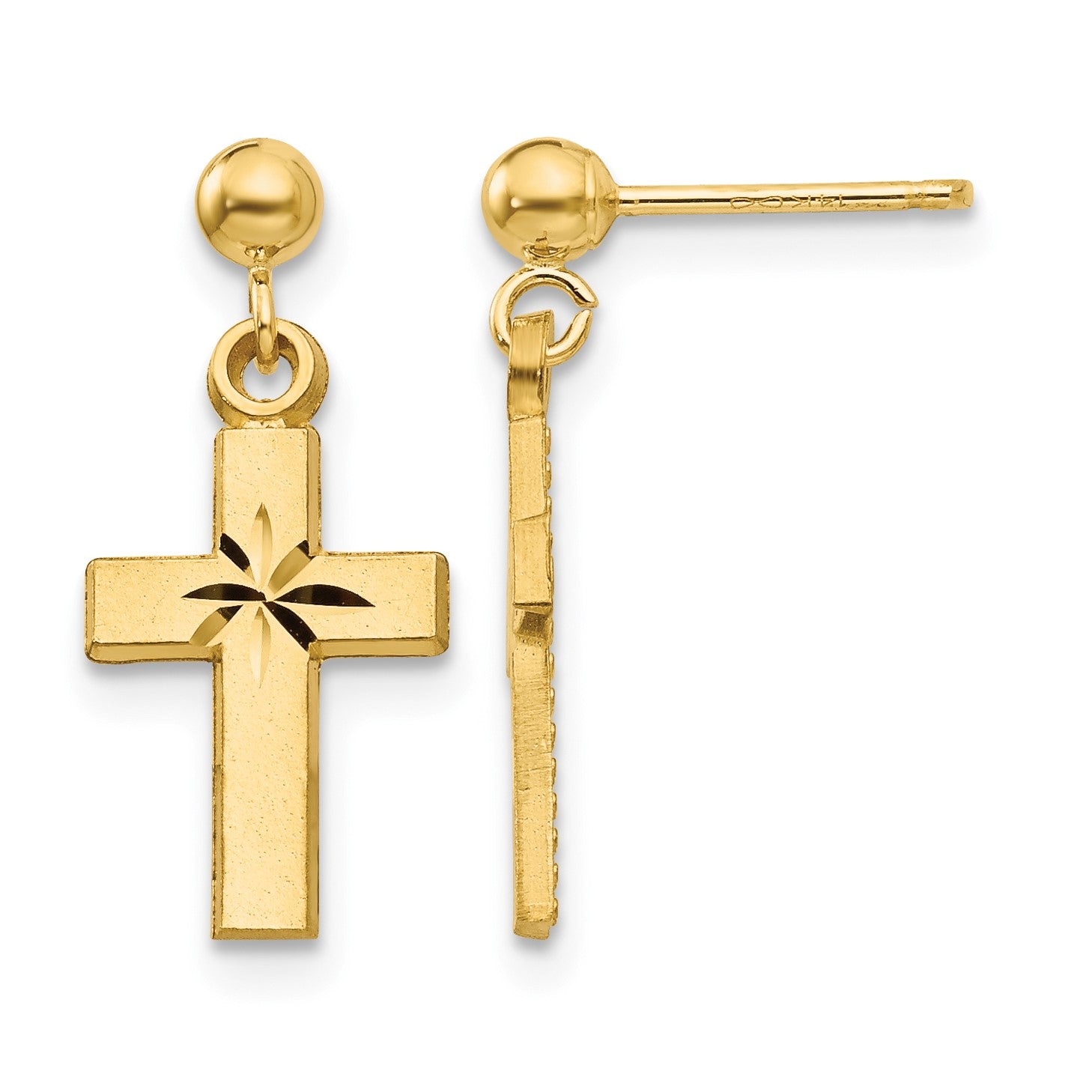 14k Satin and Diamond-Cut Cross Dangle Post Earrings